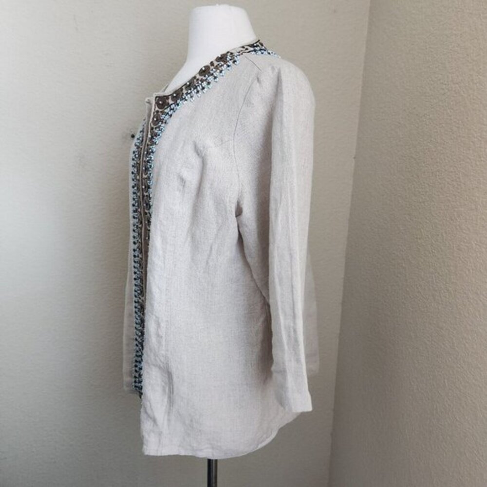 Chicos Jacket Women's 2 L 12 Embellished 100% Linen 3/4 Sleeves Tan Boho Casual - Picture 4 of 15